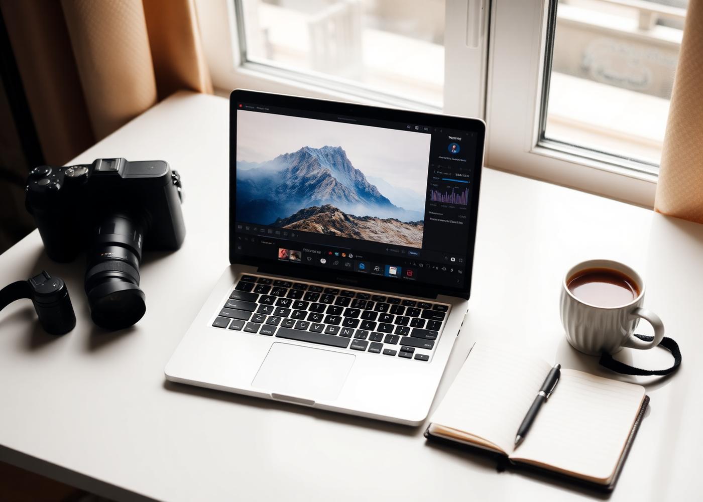 Photo editing workspace with camera, laptop and coffee