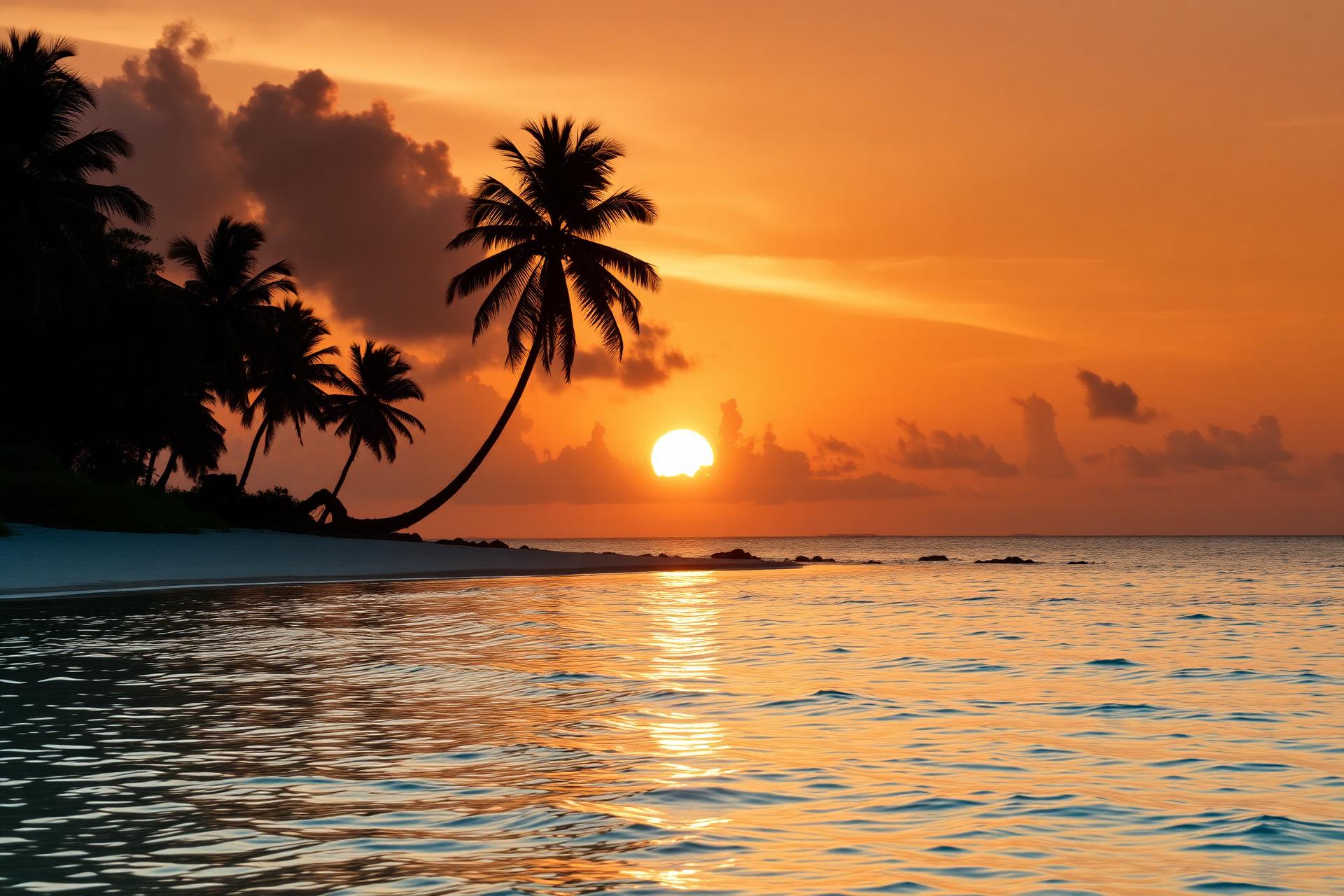 Golden sunset over a tropical beach with palm trees